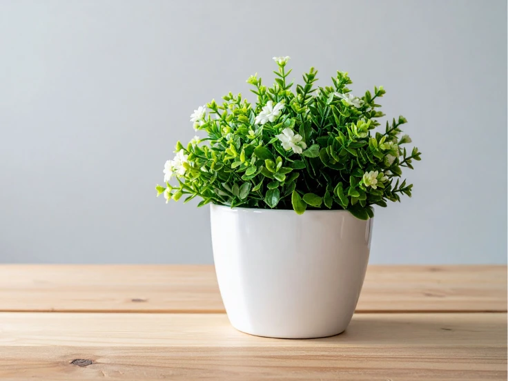 A white pot filled with green plants rests on a rustic wooden table, adding a touch of nature to the setting.