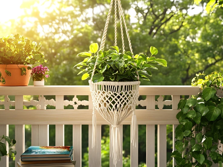 A white macrame planter hanging on a wooden deck, showcasing a stylish blend of natural materials.