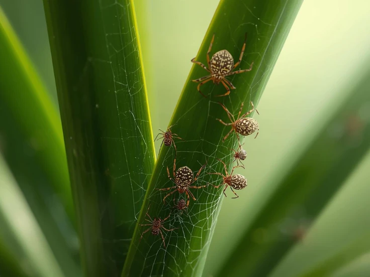 Several spiders are perched on lush green leaves, highlighting the beauty of nature and its tiny inhabitants.