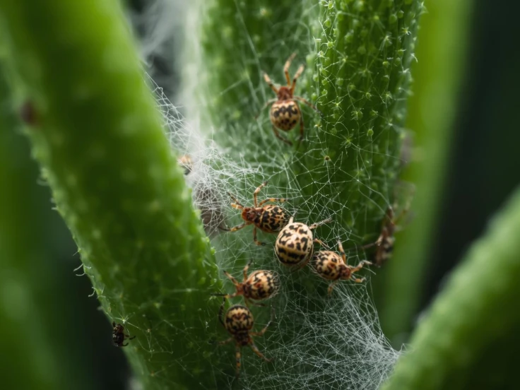 A variety of bugs resting on a plant, with fine spider webs woven among the leaves, creating a natural scene.