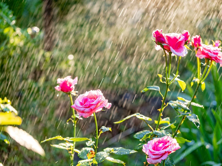 A vibrant pink rose bush glistens with raindrops, surrounded by lush green leaves in a gentle rain shower.