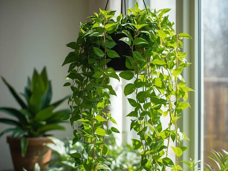 A cascading hanging plant with healthy green leaves, elegantly placed in a window, enhancing the room's ambiance.