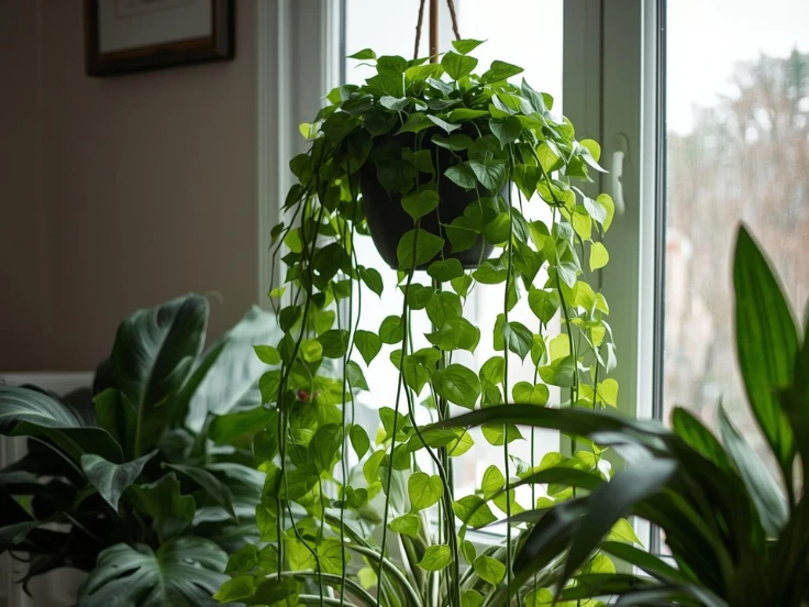 A vibrant hanging plant with green leaves decorates a window sill, bringing life and freshness to the room.