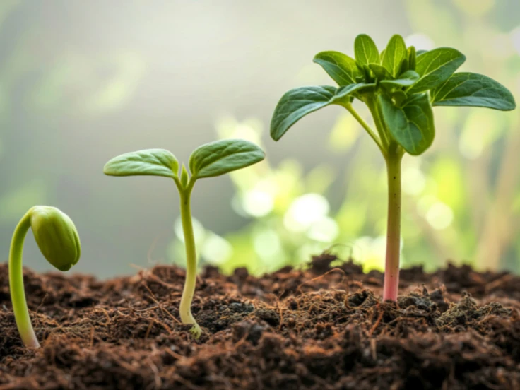 Three young green plants sprouting from rich brown soil, symbolizing growth and new beginnings.