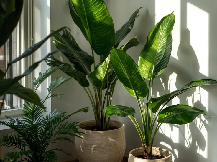 Three large green plants in a decorative pot sit on a wooden table, adding a touch of nature to the indoor space.