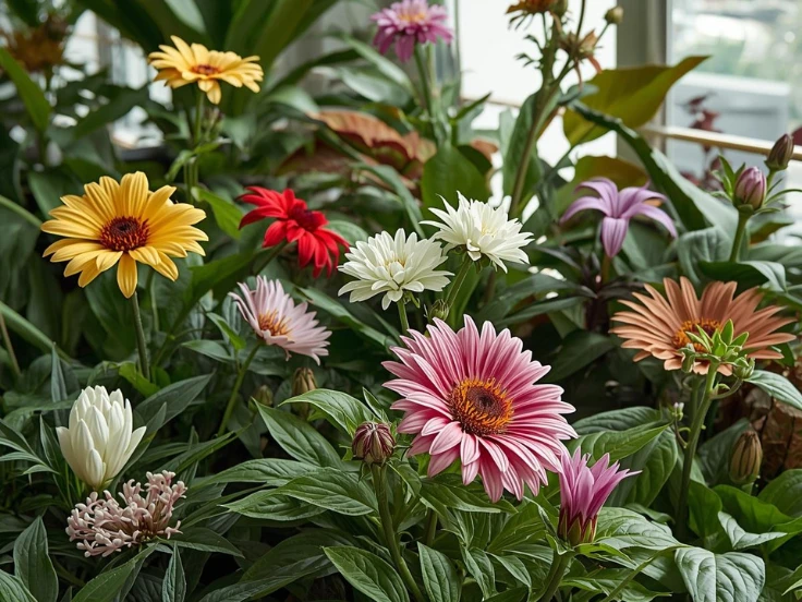 A vibrant assortment of colorful flowers blooming in a large pot, showcasing a variety of shapes and hues.
