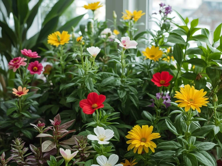 A lively potted plant adorned with a mix of brightly colored flowers.