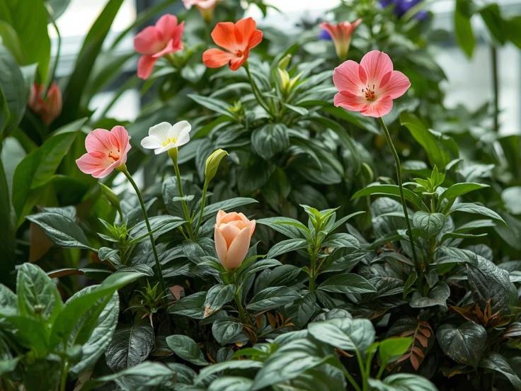 A colorful assortment of flowers in a pot, complemented by healthy green foliage.