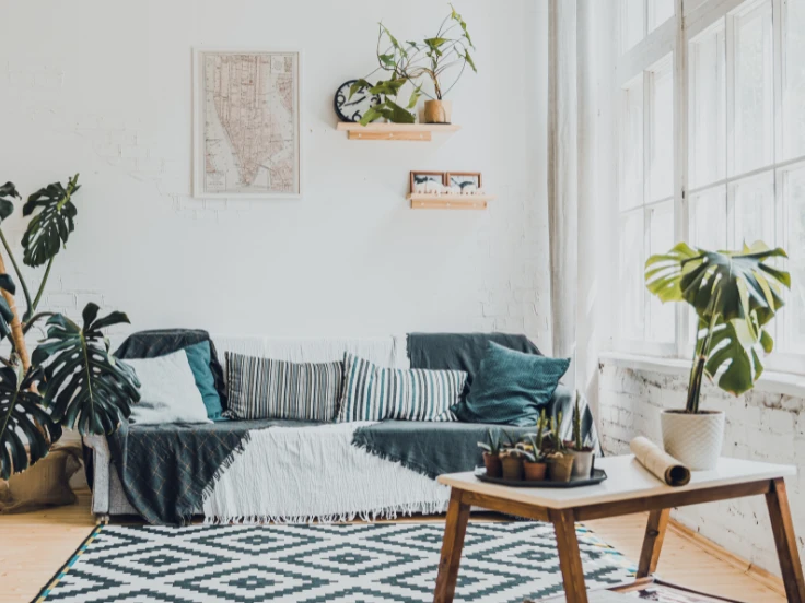 A bright living room with a comfortable couch, lush plants, and a modern table.