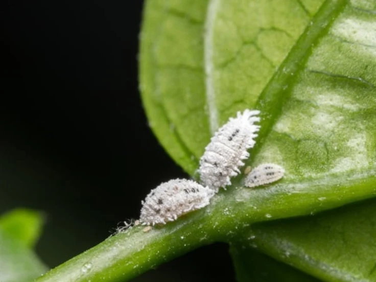 A close-up image of a leaf featuring several small white bugs, showcasing the texture and color of both the leaf and insects.