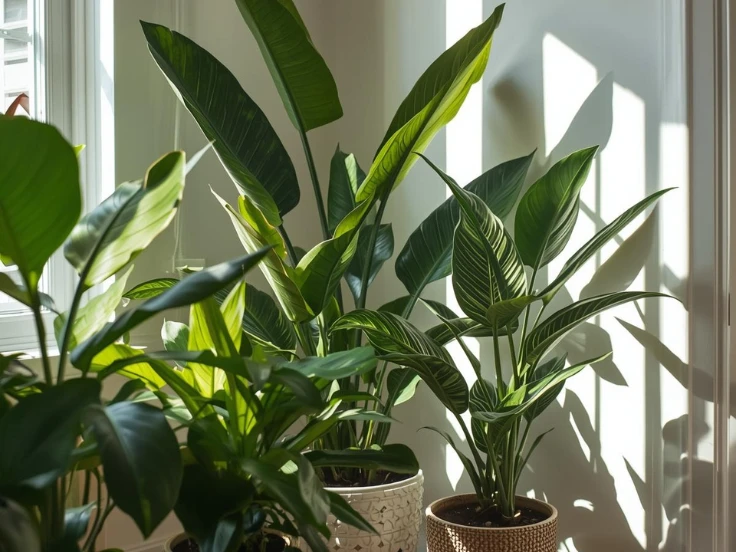 Sunlit room featuring three vibrant potted plants, enhancing the cozy atmosphere.