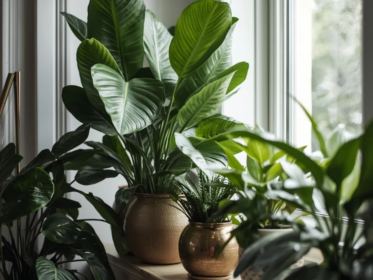Three cheerful potted plants on a windowsill, basking in sunlight and enhancing the cozy atmosphere.