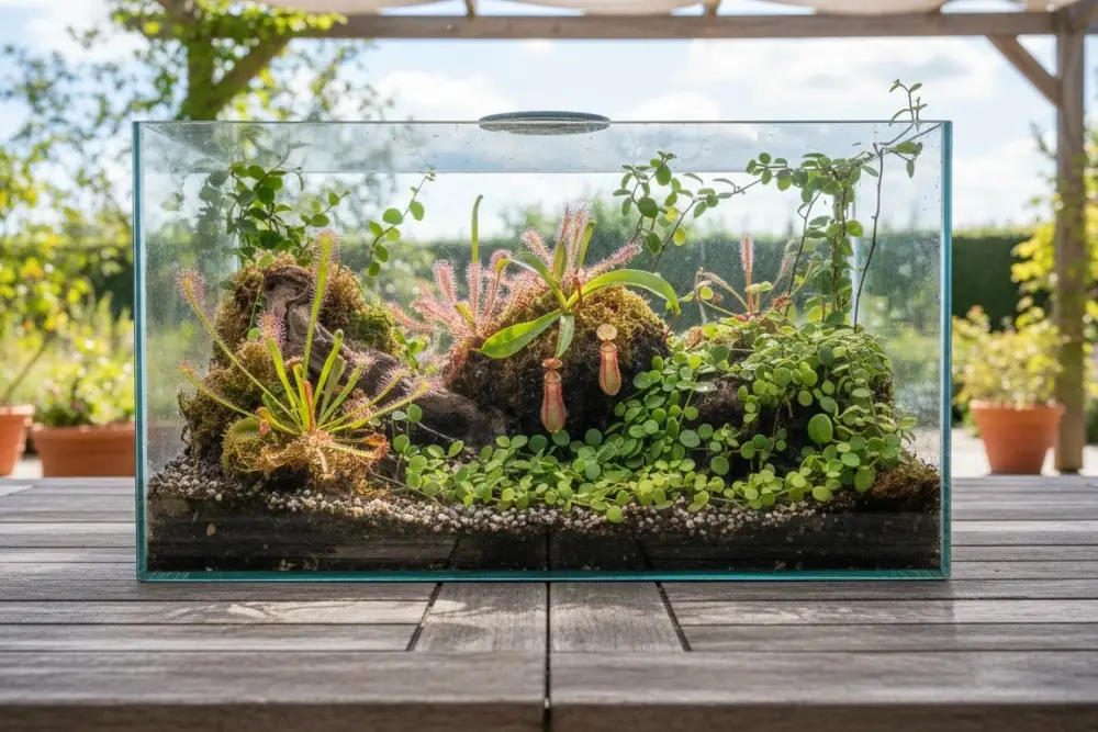 Open glass terrarium with tropical outdoor plants