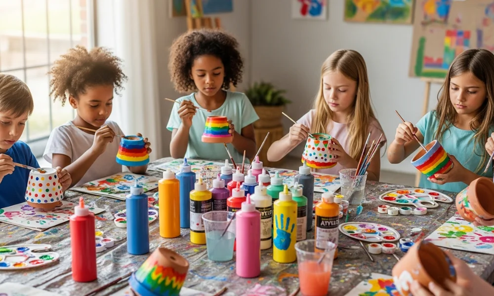 Kids creating DIY painted plant pots