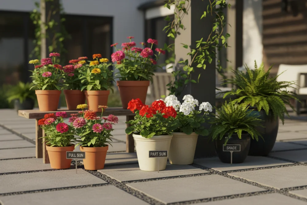 Pots arranged by sunlight zones