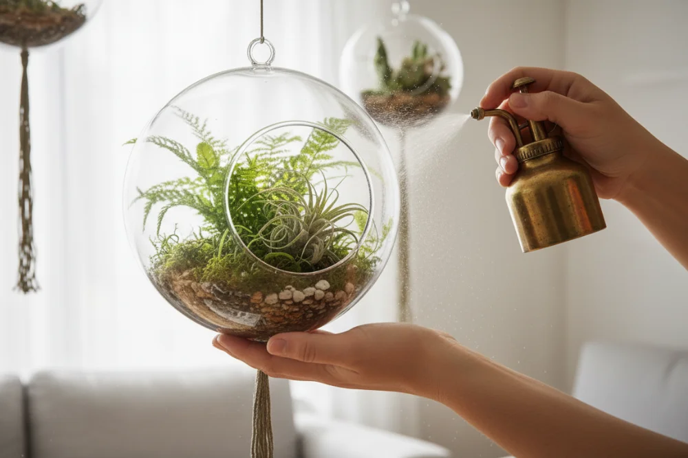 Watering a hanging glass terrarium