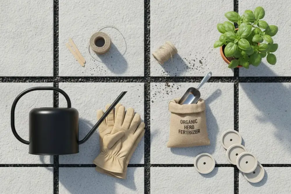 Gardening tools beside potted plants