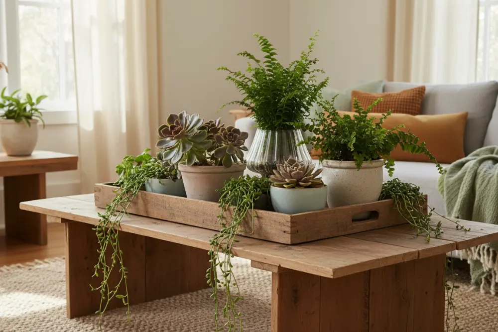stylish tabletop plant decor in cozy home