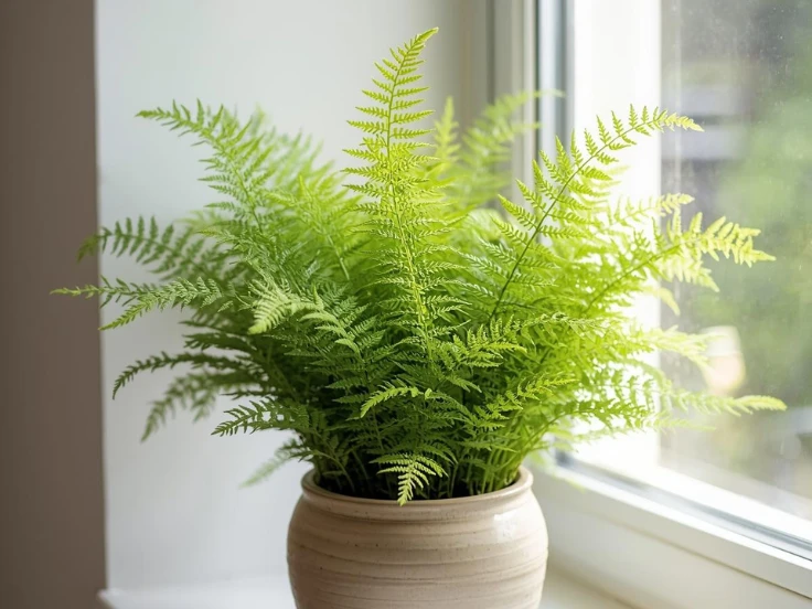 A healthy fern plant in a ceramic pot, positioned on a windowsill, basking in warm sunlight.