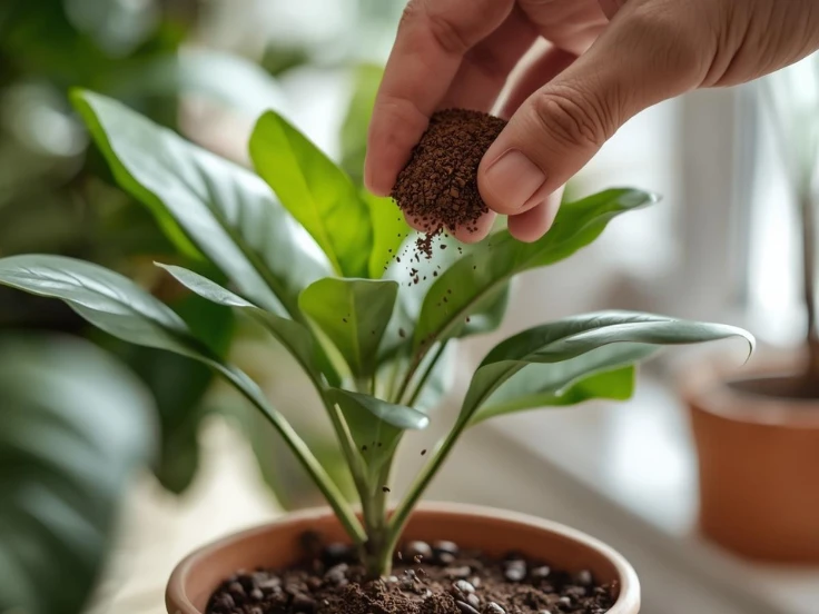 Someone adding dirt to a potted plant, enhancing its environment for healthy growth.