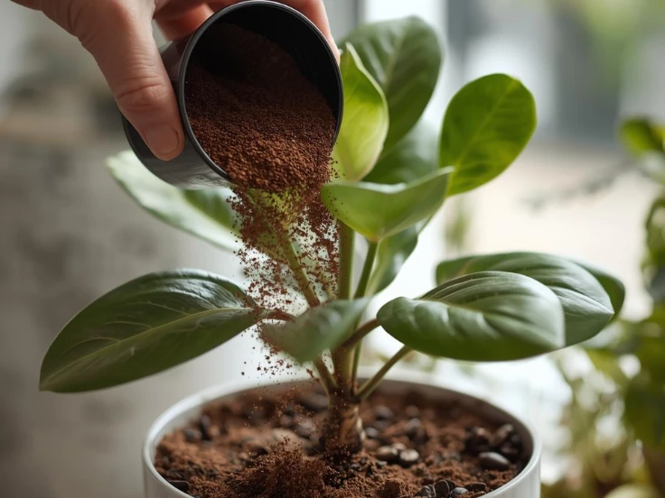 A person is watering a plant by pouring coffee into its pot, blending care with creativity.