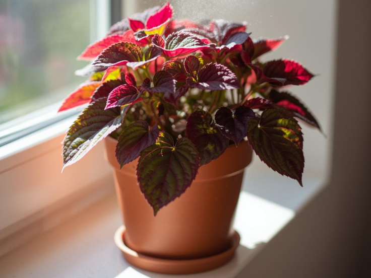 A vibrant plant in a ceramic pot rests on a bright windowsill, bringing life and color to the room.