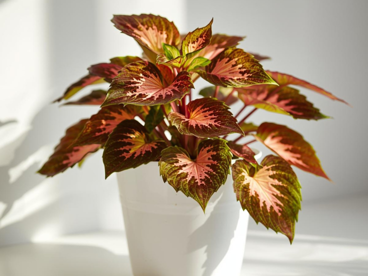 A lush plant with colorful red and green foliage, elegantly arranged in a white pot.