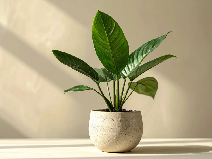 A vibrant potted plant sits on a table, basking in warm sunlight streaming through a nearby window.