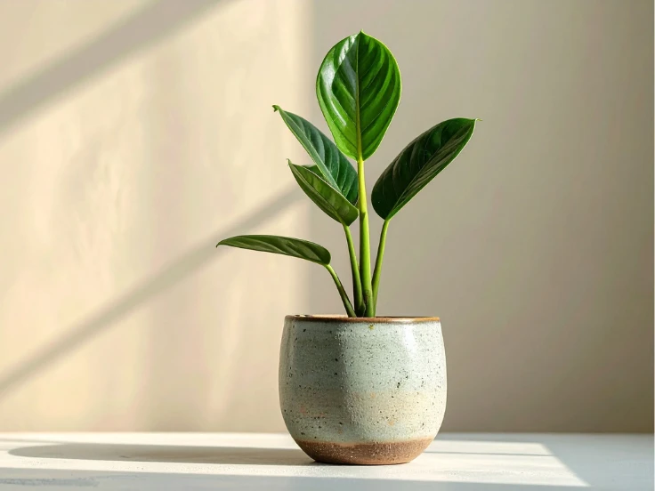A vibrant potted plant rests on a table in front of a bright window, adding life to the room.