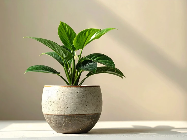 A green potted plant on a wooden table, adding a touch of nature to the indoor space.