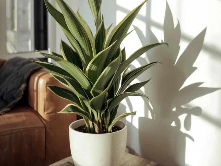 A green plant in a white pot placed on a rustic wooden table, adding a touch of nature to the setting.