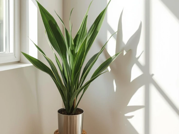 A potted plant on a wooden stool, bathed in natural light from a window behind it.