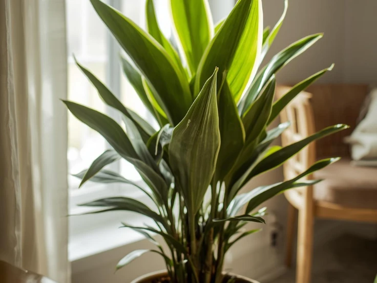 A potted plant on a table brings a fresh, natural element to the setting, creating a cozy atmosphere.