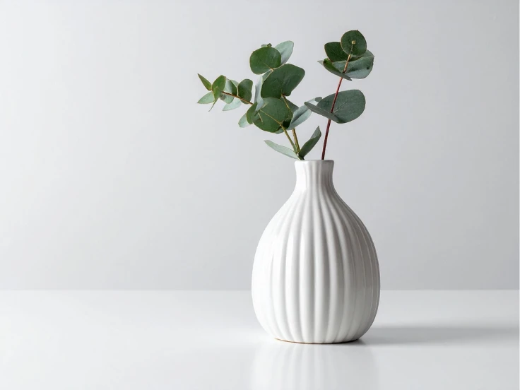 A white vase filled with fresh eucalyptus leaves, showcasing a simple and elegant floral arrangement.