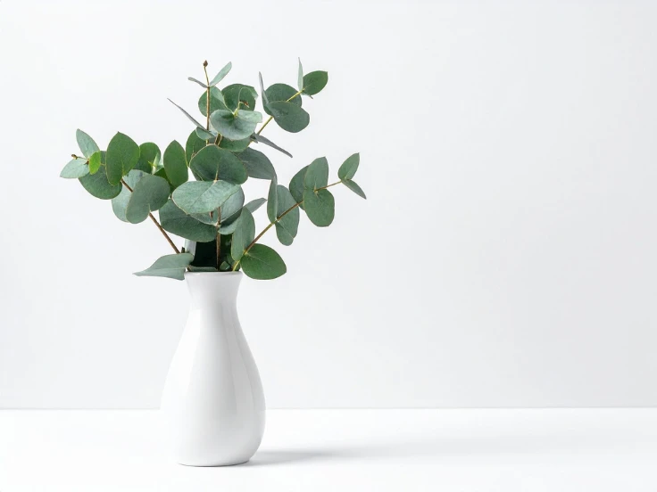 A white vase filled with fresh eucalyptus leaves, showcasing their delicate green hues and natural beauty.