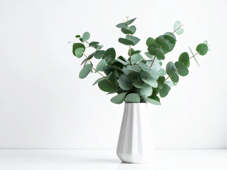 A white vase filled with fresh eucalyptus leaves, showcasing their delicate green hues and natural beauty.