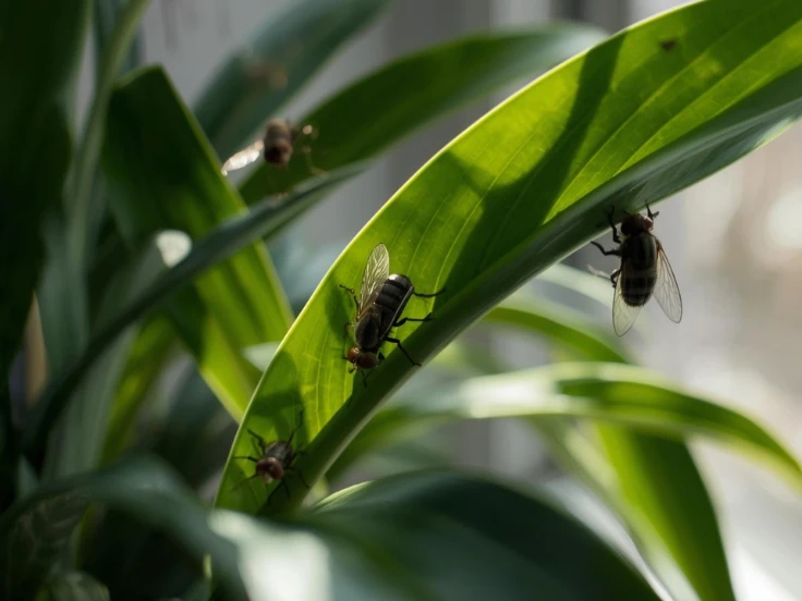 A cluster of flies resting on green leaves of a plant, showcasing their small size and intricate details.