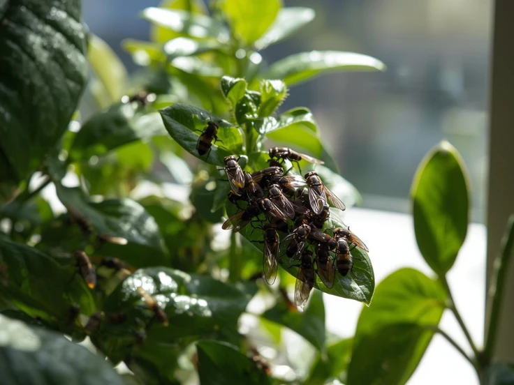 Several insects gathered on a leafy plant, highlighting the diversity of life in a natural setting.