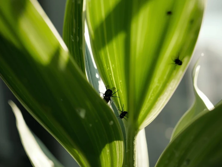 Two bugs resting on a green plant, illuminated by bright sunlight filtering through the leaves.
