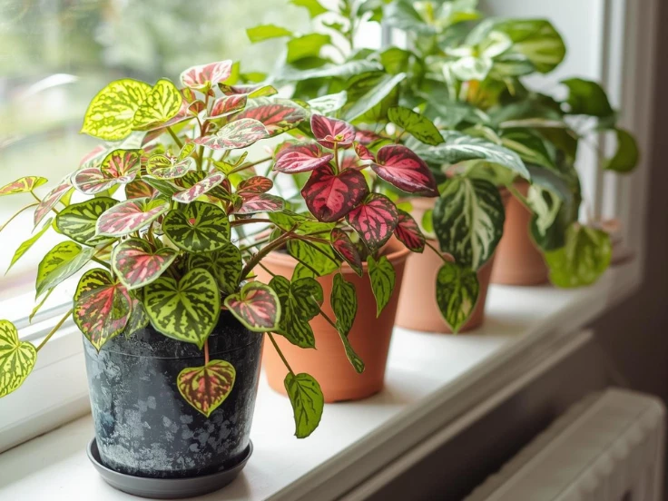 A window sill displays three types of plants, showcasing their unique shapes and colors in a bright, cheerful setting.