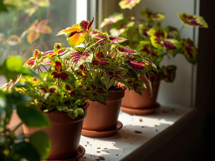 Three green plants in decorative pots are placed on a window sill, enjoying the natural light.