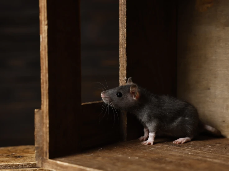 A small rat comfortably sitting inside a wooden box, looking curiously at its surroundings.
