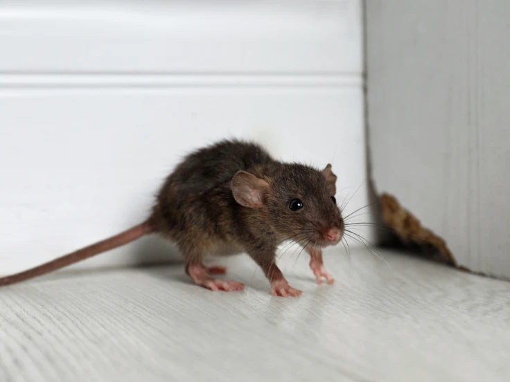 A small brown rat stands on a wooden floor, showcasing its sleek fur and inquisitive expression.