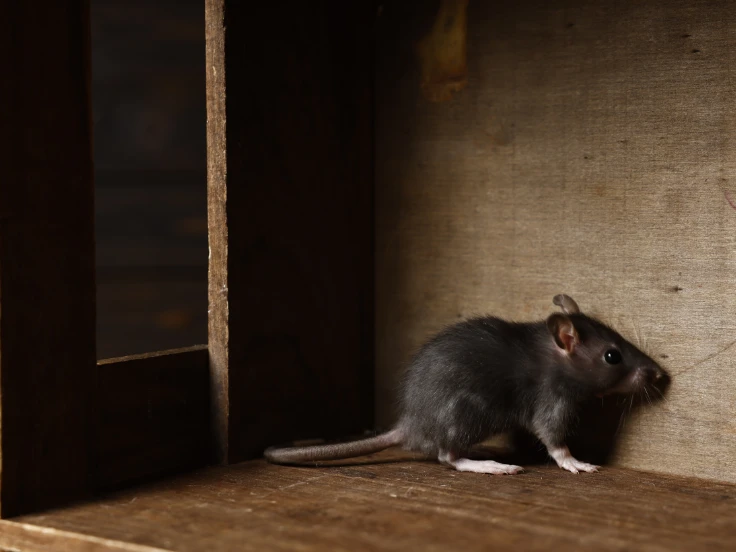 A tiny mouse perches on a wooden shelf, exploring its environment with bright eyes.