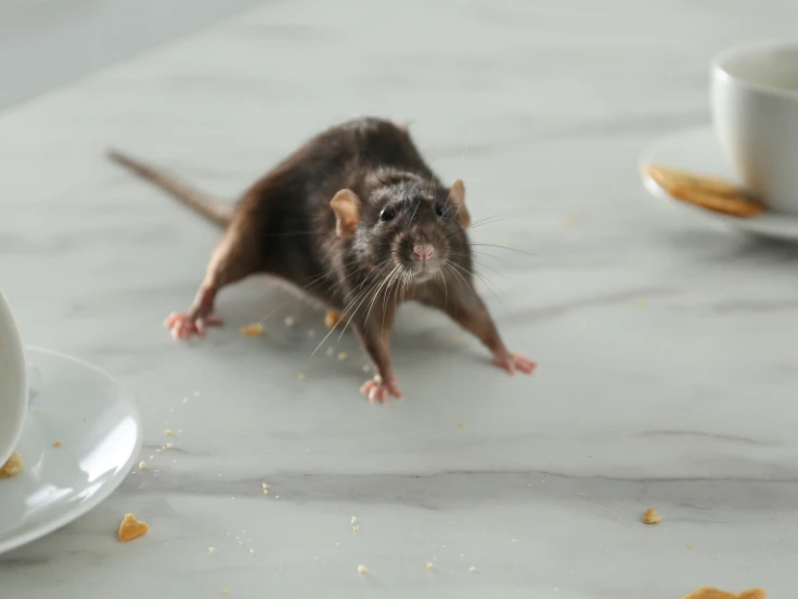 A rat sits on a table beside a steaming cup of coffee, creating an unusual and quirky scene.