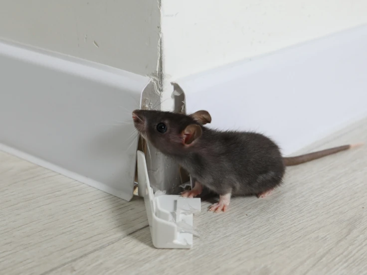 A small rat is positioned on the floor beside a white wall, appearing alert and inquisitive.