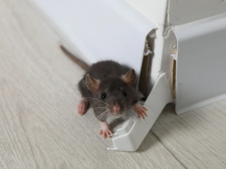 A tiny rat is positioned on the floor close to a door, appearing alert and inquisitive.
