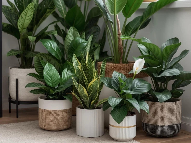 A collection of indoor plants in assorted pots, featuring lush green leaves and diverse textures, displayed indoors.