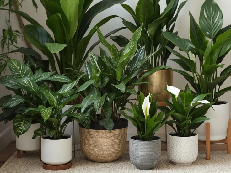 Several indoor plants in unique pots, each with vibrant foliage, grouped together on a shelf for a lively decor touch.
