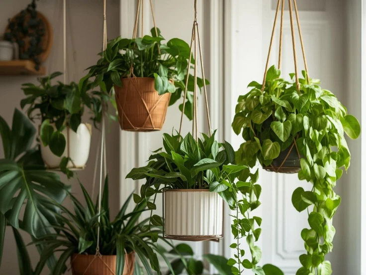 Bright white walls surround a collection of hanging plants, enhancing the room's cheerful and lively ambiance.